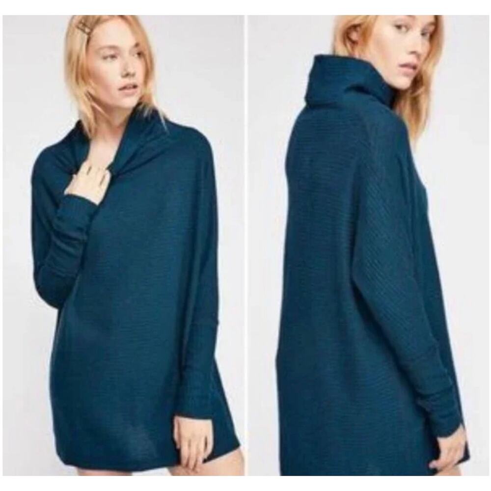 Free People We the Free Kitty Waffle Knit Cowl Neck Sweater Teal Medium